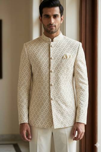 Beige color sequence dhaga embroidery jodhpuri for men designer bandhgala
