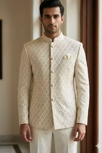Beige color sequence dhaga embroidery jodhpuri for men | premium designer bandhgala