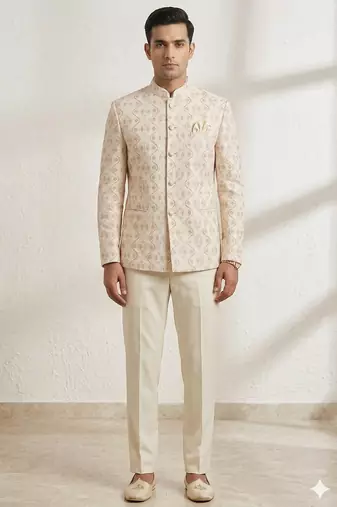 Beige color pastel pink color dhaga jodhpuri for men | premium designer bandhgala ethnic wear