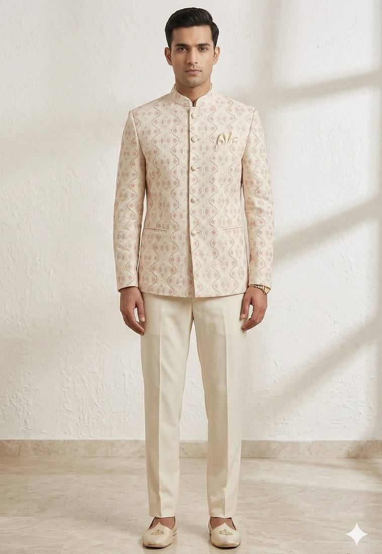 Beige color pastel pink color dhaga jodhpuri for men | premium designer bandhgala ethnic wear
