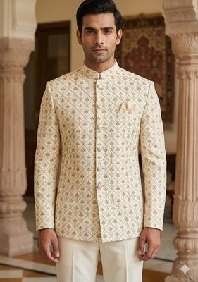 Beige color golden and white dhaga embroidery jodhpuri for men 1