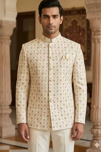 Beige color golden and white dhaga embroidery jodhpuri for men | premium designer bandhgala