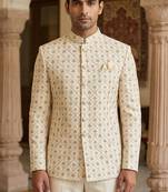 Beige color golden and white dhaga embroidery jodhpuri for men | premium designer bandhgala