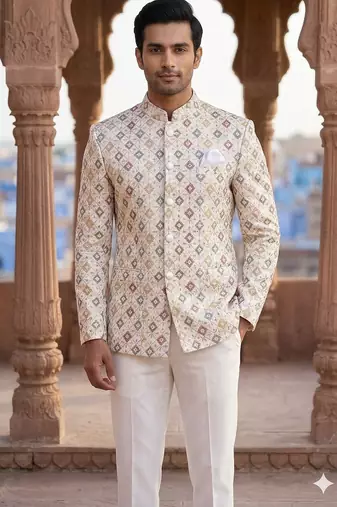 White aesthetic multicolor embroidery jodhpuri for men | premium designer bandhgala ethnic wear