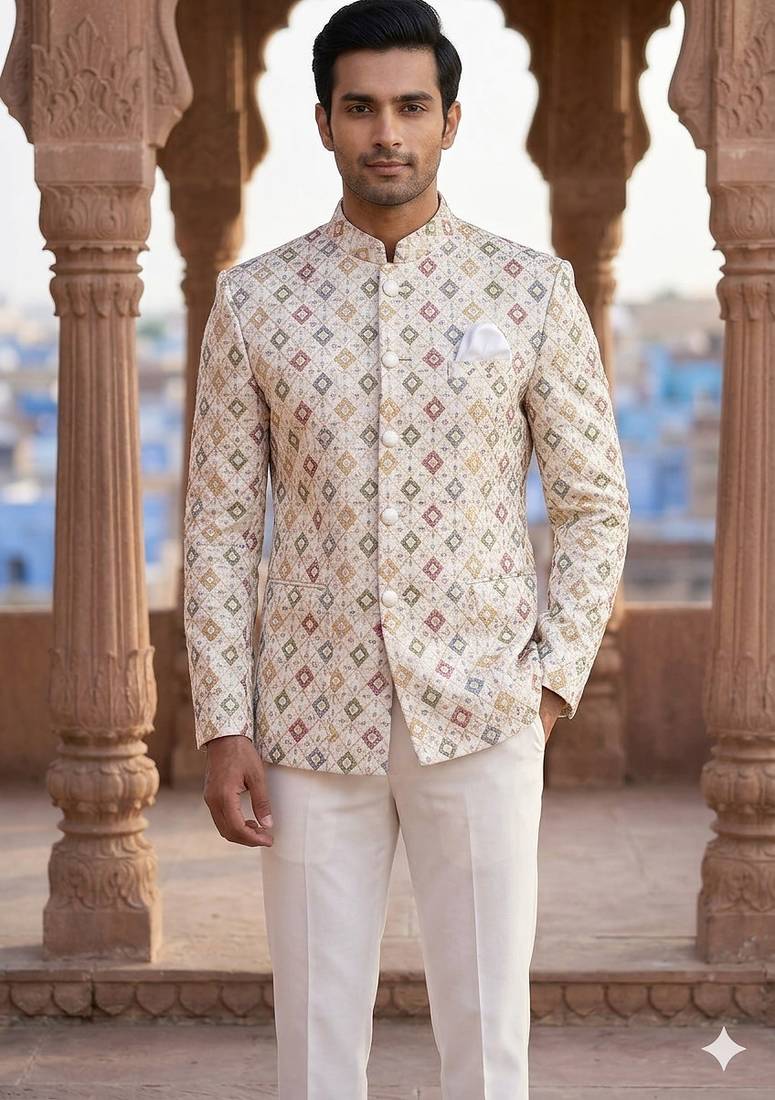White aesthetic multicolor embroidery jodhpuri for men | premium designer bandhgala ethnic wear