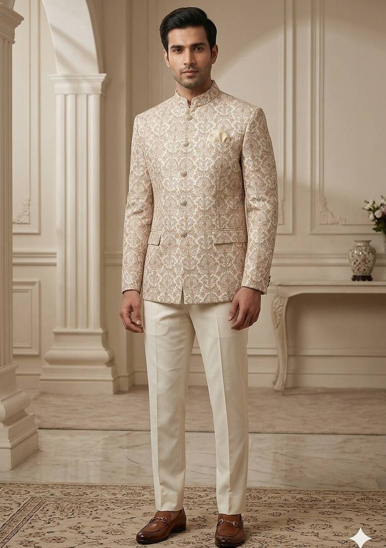 Beige color multicolor embroidery jodhpuri for men | premium designer bandhgala