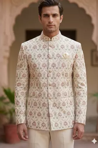 Cream embroidery maroon pista touchup jodhpuri for men | premium designer bandhgala ethnic wear
