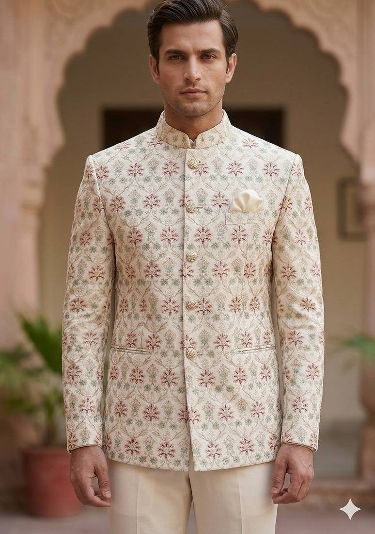 Cream embroidery maroon pista touchup jodhpuri for men | premium designer bandhgala ethnic wear