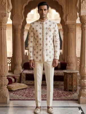 Beige color sequence maroon dhaga embroidery jodhpuri for men | premium designer bandhgala 2