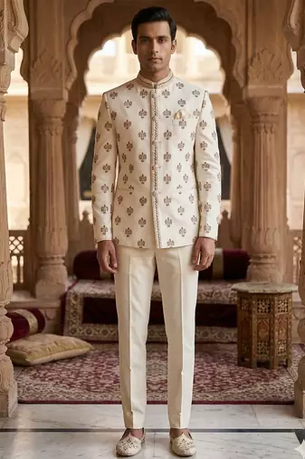 Beige color sequence maroon dhaga embroidery jodhpuri for men | premium designer bandhgala