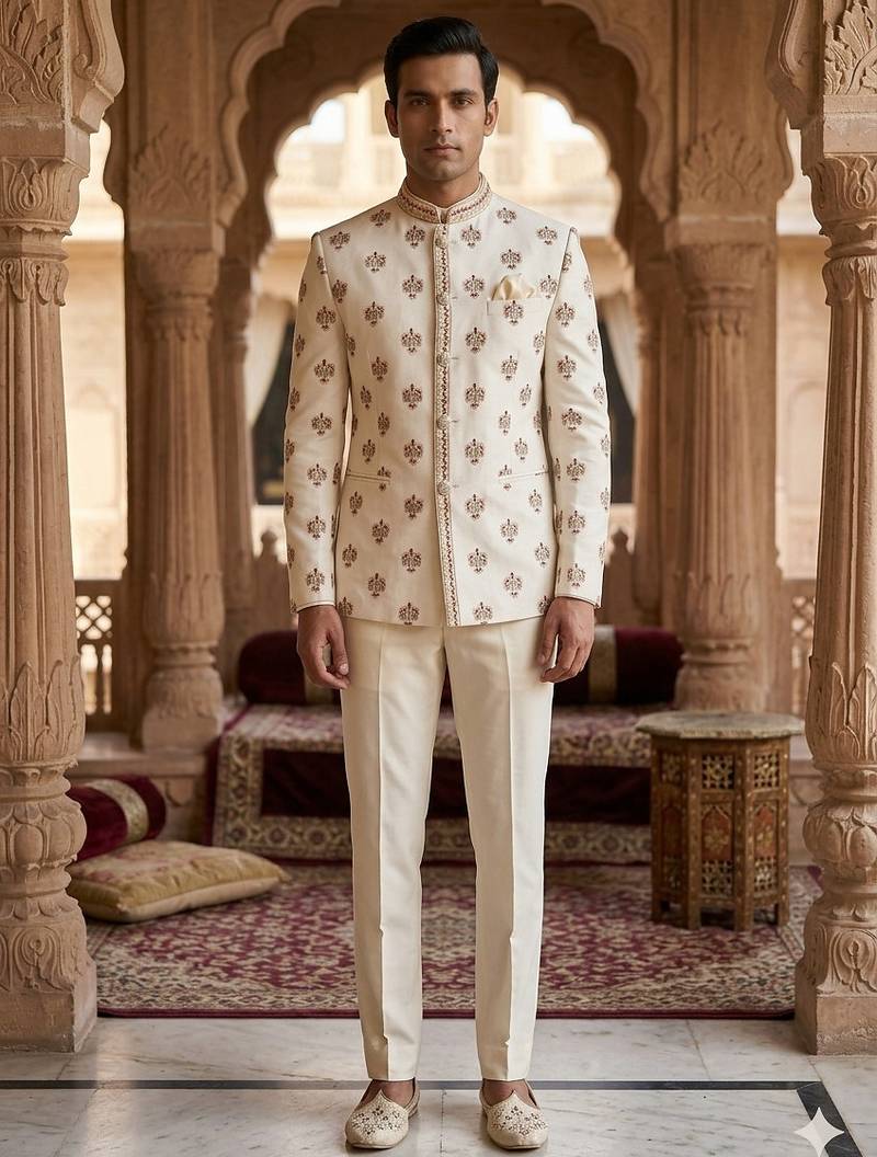 Beige color sequence maroon dhaga embroidery jodhpuri for men | premium designer bandhgala