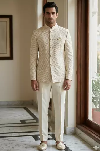 Beige color sequence dhaga embroidery jodhpuri for men | premium designer bandhgala