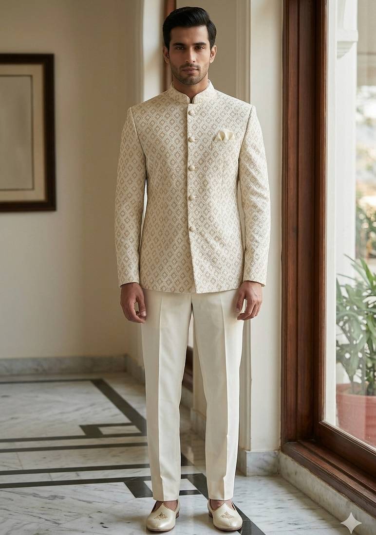 Beige color sequence dhaga embroidery jodhpuri for men | premium designer bandhgala