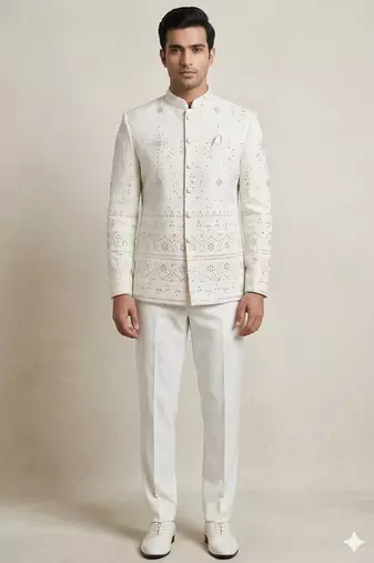 Off white classy daman embroidery jodhpuri for men | premium designer bandhgala ethnic wear