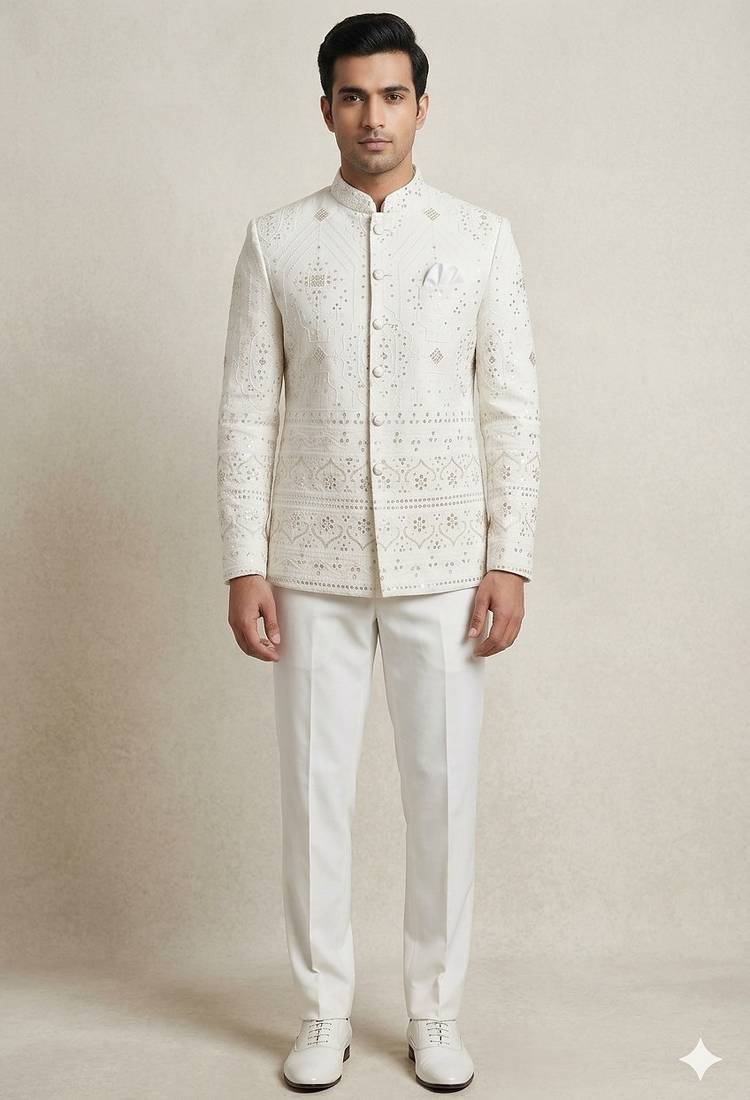 Off white classy daman embroidery jodhpuri for men | premium designer bandhgala ethnic wear