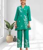 Women's cotton, linen sea green embroidered short kurta with pant