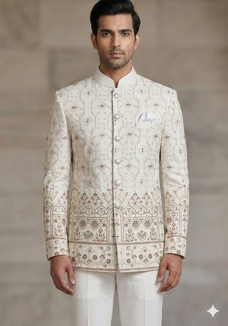White classy embroidery jodhpuri for men | premium designer bandhgala ethnic wear