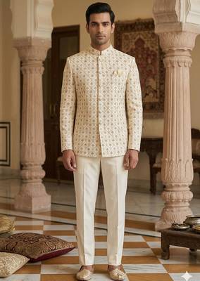 Beige color golden and white dhaga embroidery jodhpuri for men 2