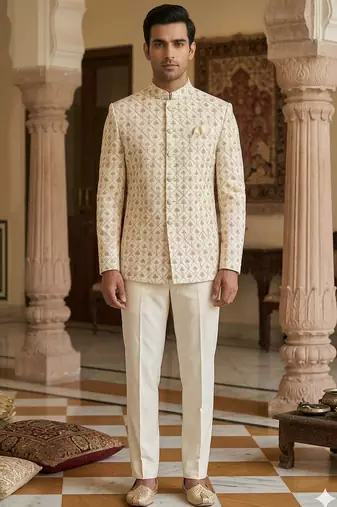 Beige color golden and white dhaga embroidery jodhpuri for men | premium designer bandhgala