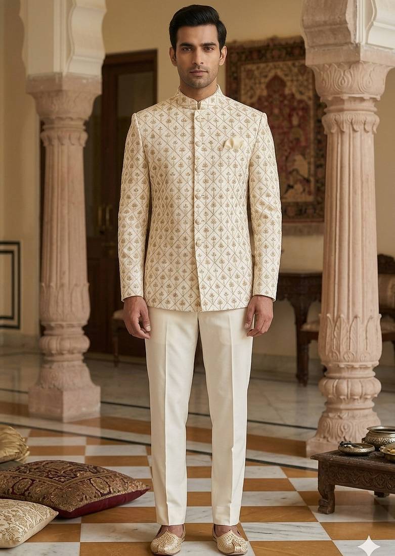 Beige color golden and white dhaga embroidery jodhpuri for men | premium designer bandhgala