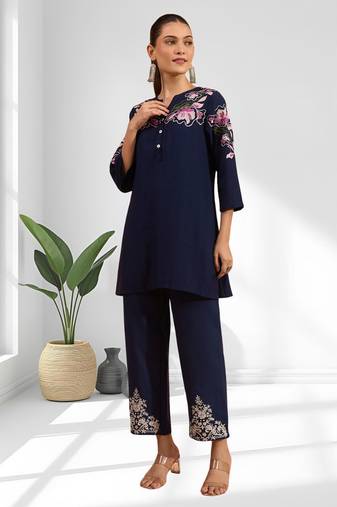 Women's cotton, linen navy blue embroidery short kurta with pant
