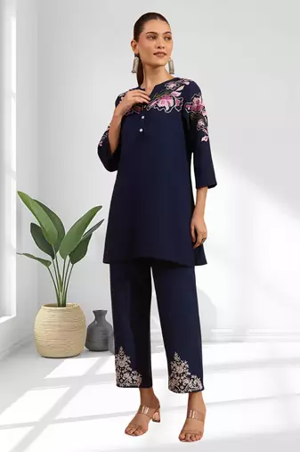 Women's cotton, linen navy blue embroidery short kurta with pant