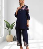 Women's cotton, linen navy blue embroidery short kurta with pant