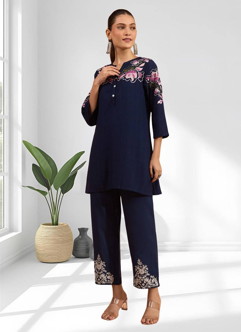 Women's cotton, linen navy blue embroidery short kurta with pant