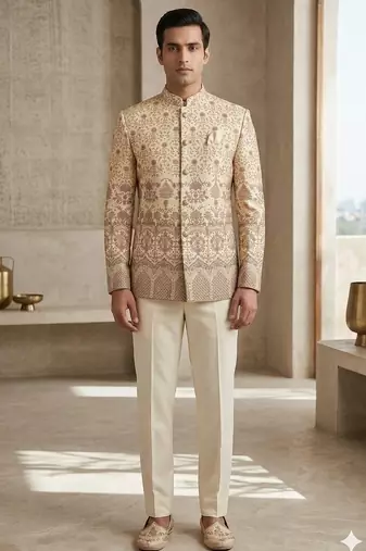 Golden color traditional embroidery jodhpuri for men | premium designer bandhgala ethnic wear