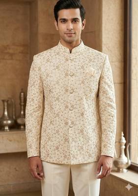 Beige color sequence jodhpuri for men | premium designer bandhgala ethnic wear 1