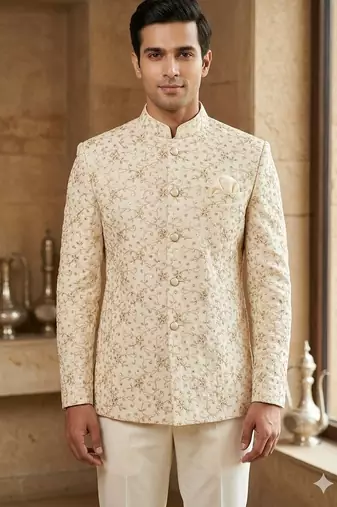 Beige color sequence jodhpuri for men | premium designer bandhgala ethnic wear