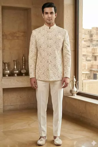 Beige color sequence jodhpuri for men | premium designer bandhgala ethnic wear