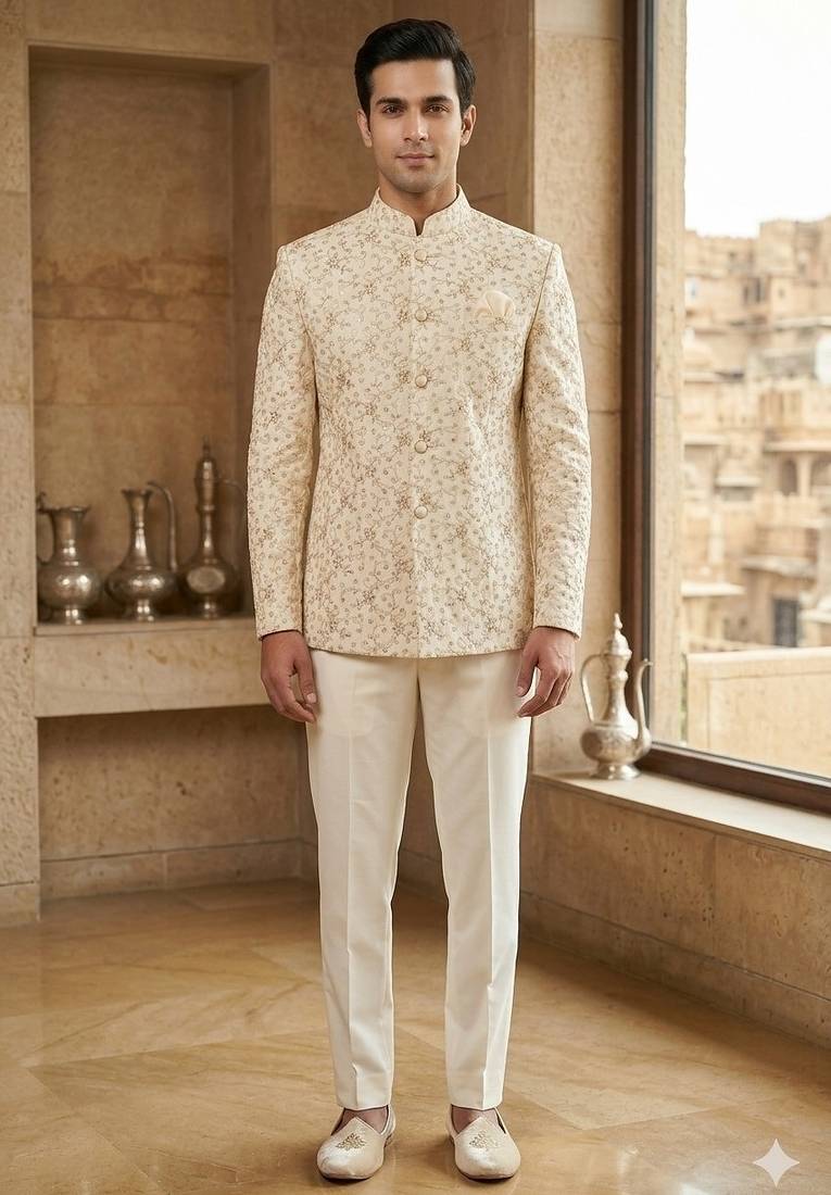 Beige color sequence jodhpuri for men | premium designer bandhgala ethnic wear