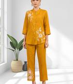 Women's cotton, linen mustard embroidered short kurta with pant
