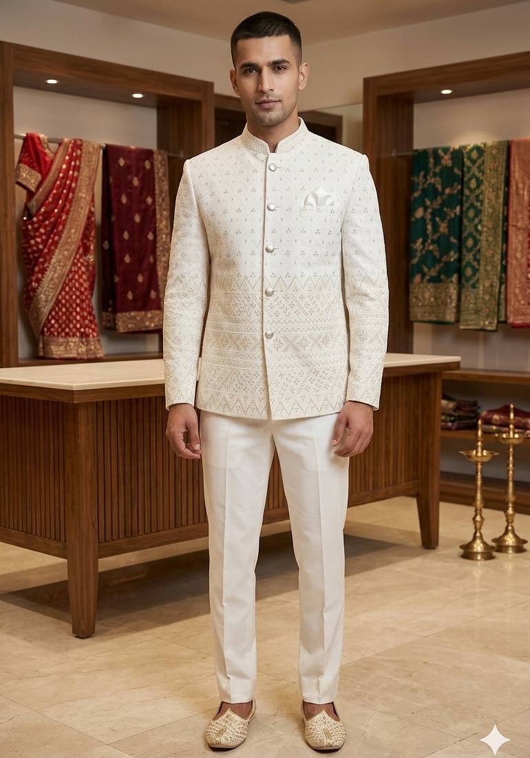 Classy white daman embroidery jodhpuri for men | premium designer bandhgala ethnic wear