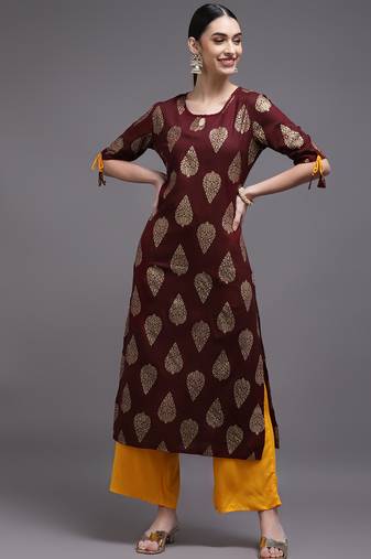 Women brown printed rayon kurta