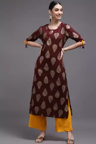 Women brown printed rayon kurta