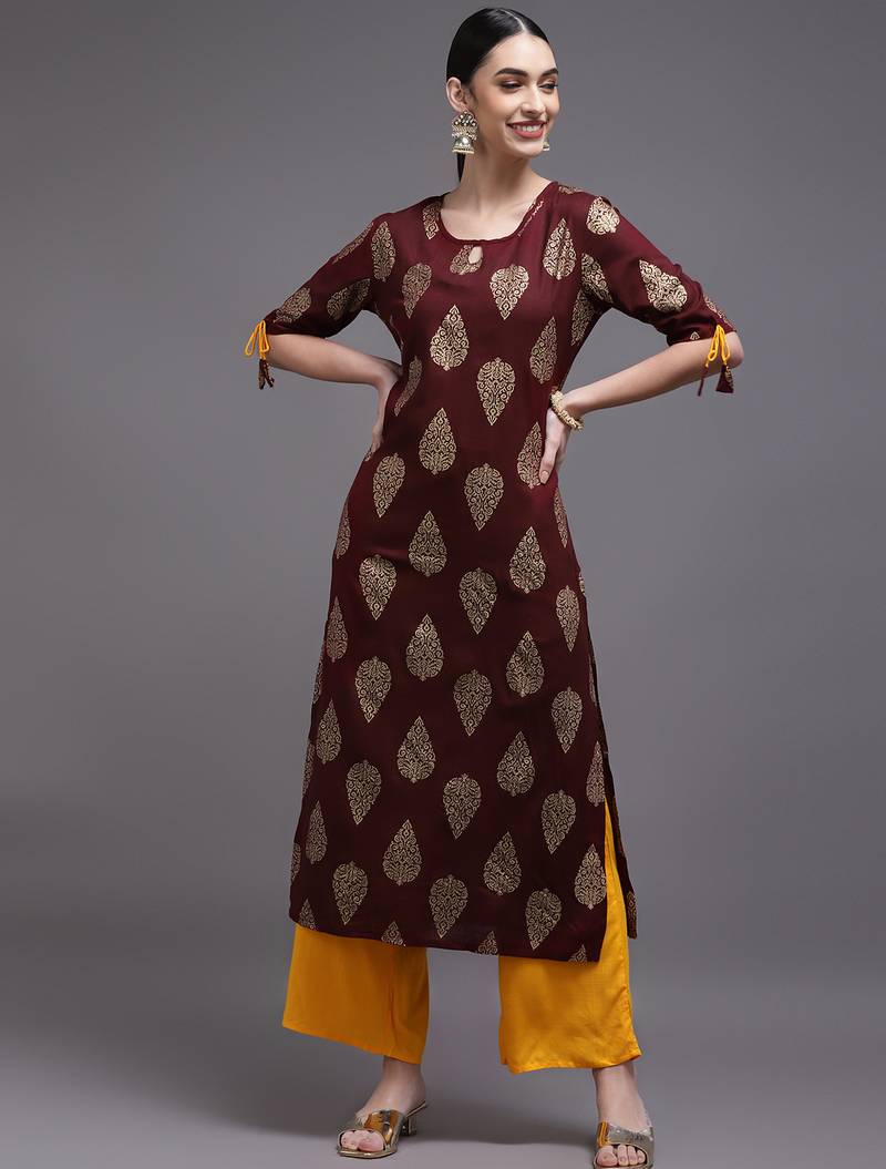 Women brown printed rayon kurta