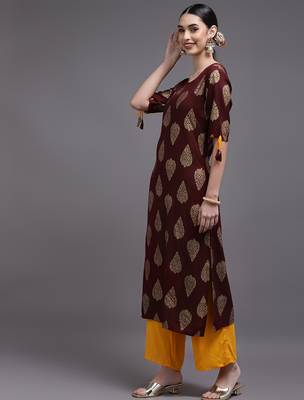 Women brown printed rayon kurta 2