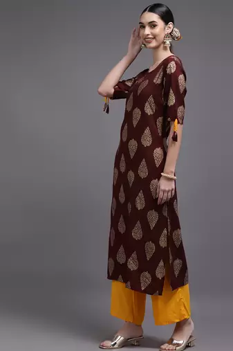 Women brown printed rayon kurta