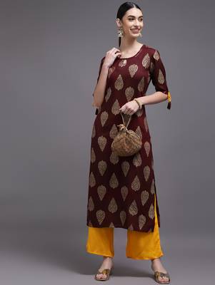 Women brown printed rayon kurta 3
