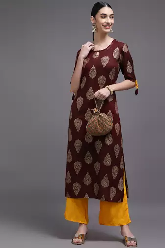 Women brown printed rayon kurta