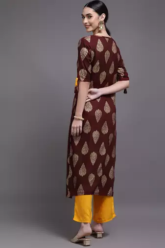 Women brown printed rayon kurta