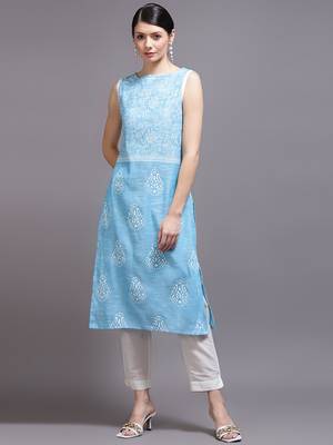 Women sky blue printed cotton kurta 1