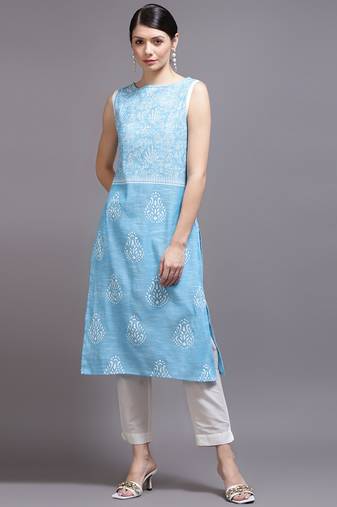 Women sky blue printed cotton kurta