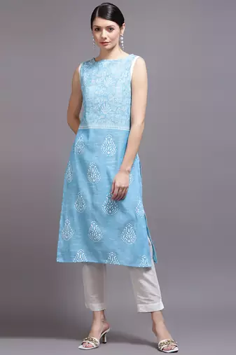Women sky blue printed cotton kurta