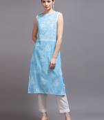 Women sky blue printed cotton kurta