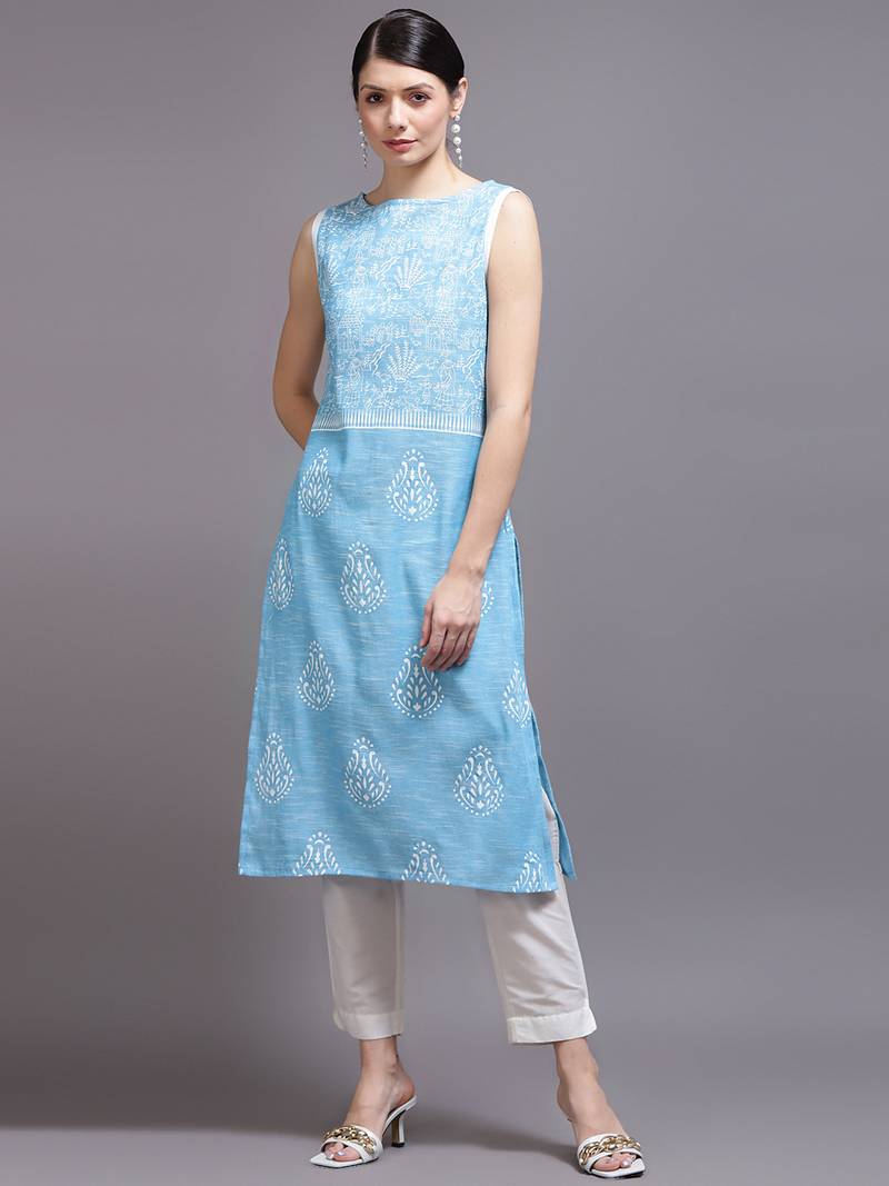 Women sky blue printed cotton kurta