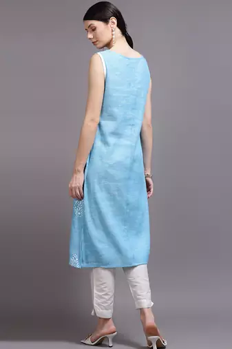 Women sky blue printed cotton kurta