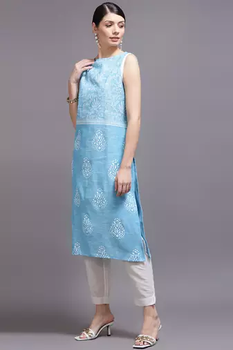 Women sky blue printed cotton kurta